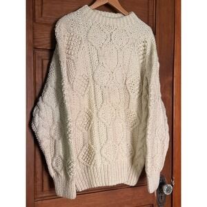 Rey Wear Vintage Hand Knit Cotton Sweater Cream Cable Knit Bolivia Large- RARE